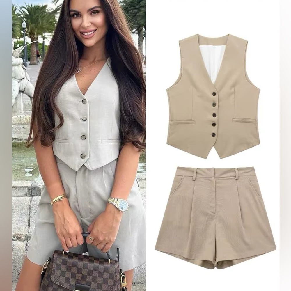 Zara Beige and Cream Vest and Shorts Set